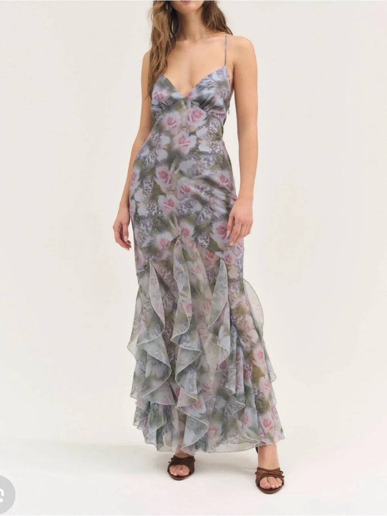 Nwt For Love & Lemons Elea Ruffle Maxi Dress Floral Spaghetti Strap Sz Xl